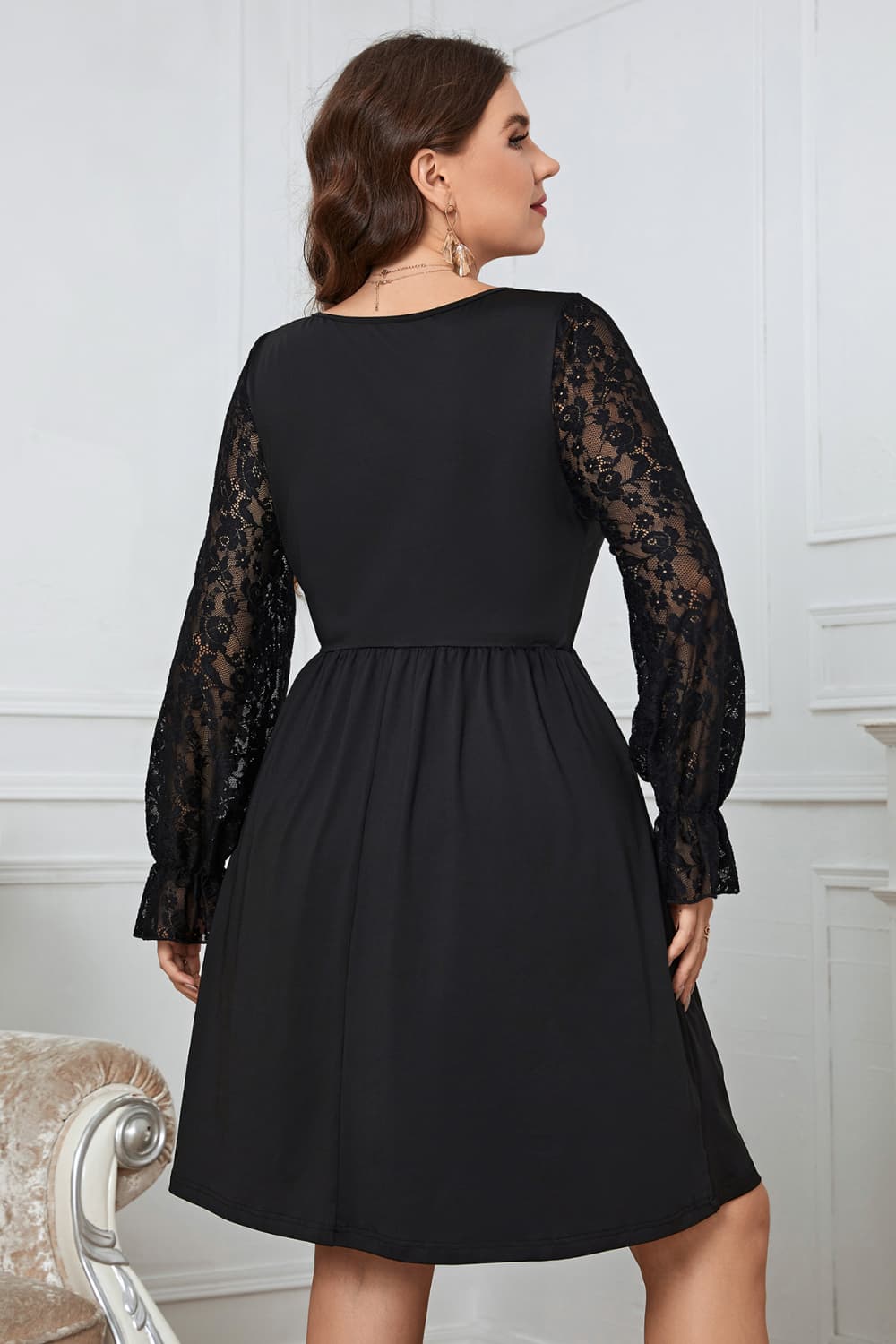 Plus Size Round Neck Flounce Sleeve Dress with Lace Trim