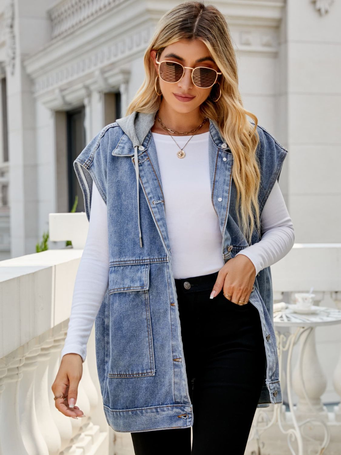 Long Hooded Sleeveless Denim Top with Functional Pockets