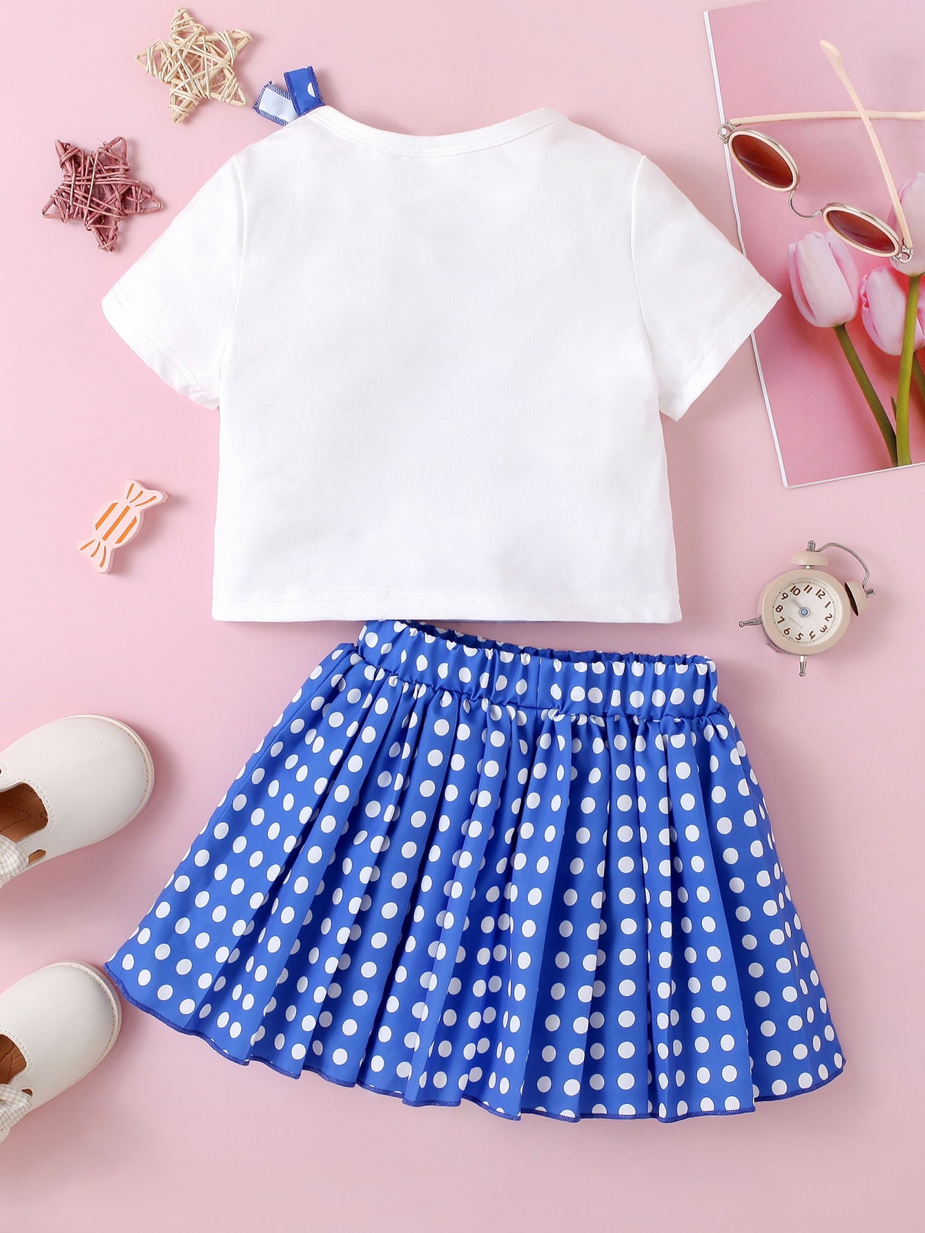 Adorable Graphic Bow Detail Women's Top and Polka Dot Pleated Skirt Fashion Set