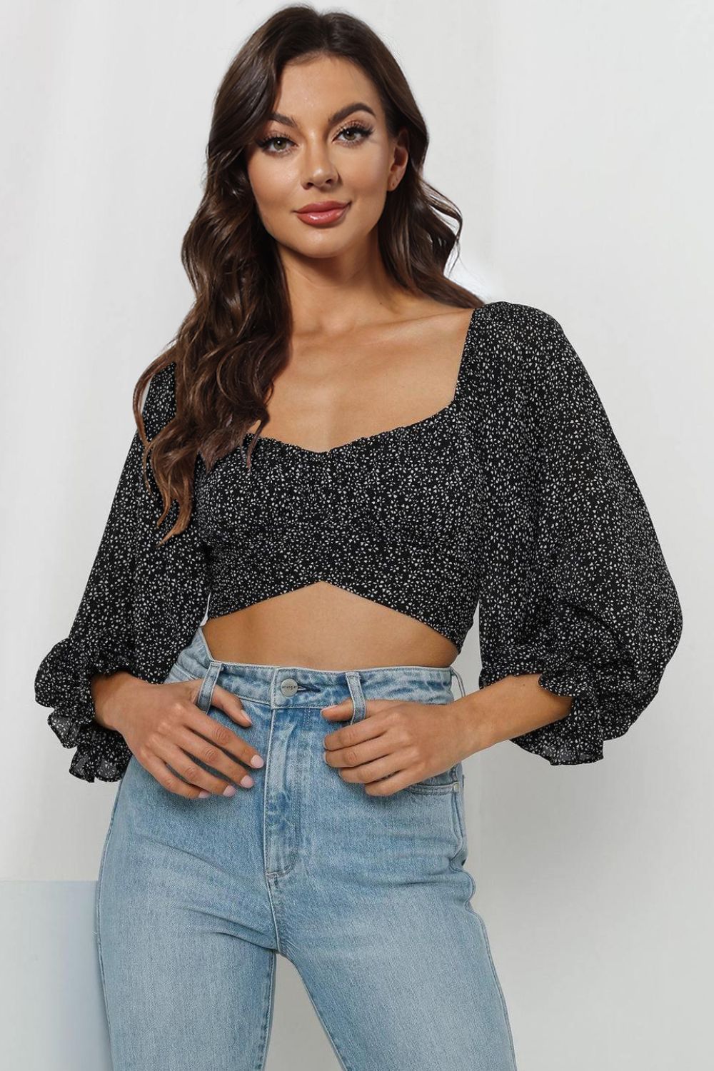 Stylish Printed Long Flounce Sleeve Cropped Women's Blouse