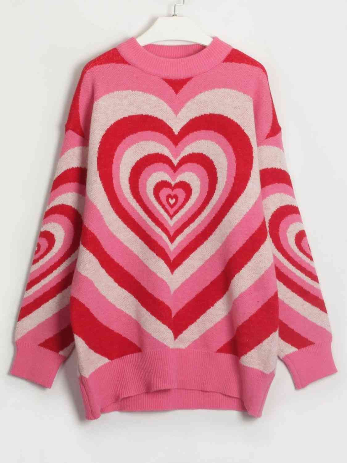 Long Printed Heart Casual Dropped Shoulder Sweater with Moderate Stretch