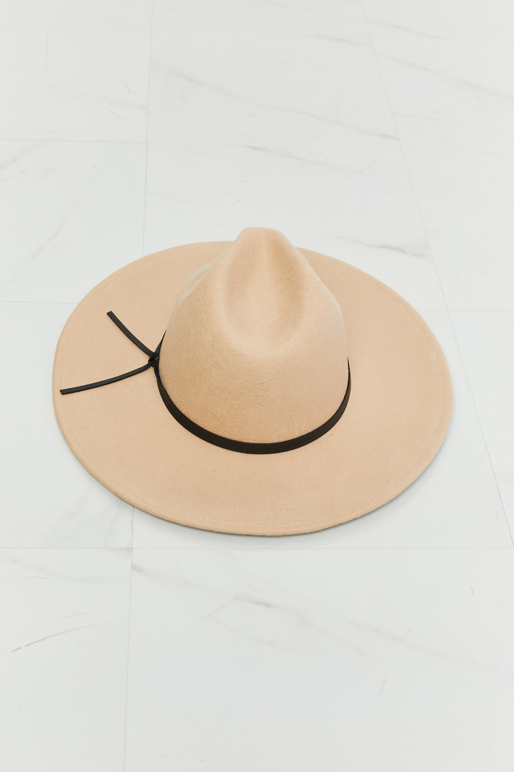Fame Women's Beige Soft Fedora Hat with Black Faux Leather Knot Detailing for Casual and Formal Events