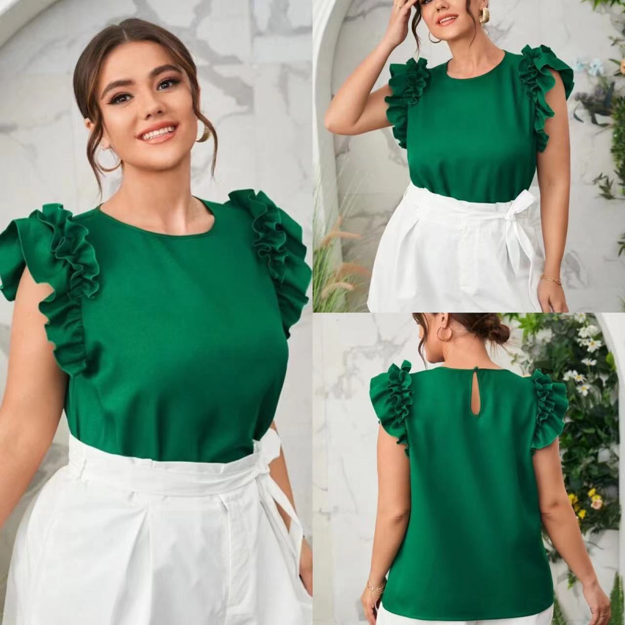 Plus Size Women's Solid Color Ruffled Short Sleeve Office Commuting Blouse