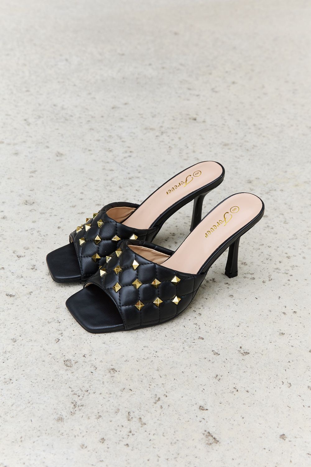 Black Forever Link Quilted Square Toe Mule High Heel Shoes for Fashionable Women