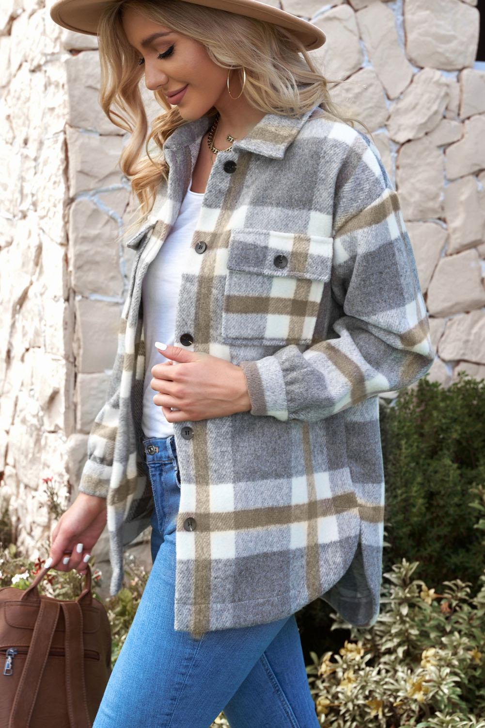 Casual Plaid Dropped Shoulder Pocket Buttoned Shacket for Everyday Wear