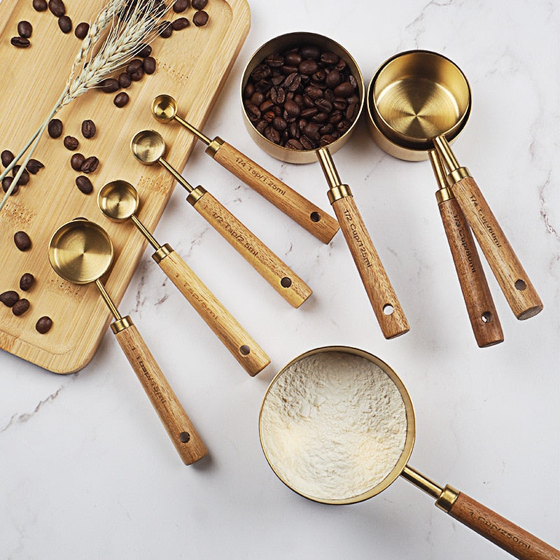 Eco-Friendly Wooden Handle Stainless Steel Measuring Spoon Set for Kitchen, Baking & Bartending
