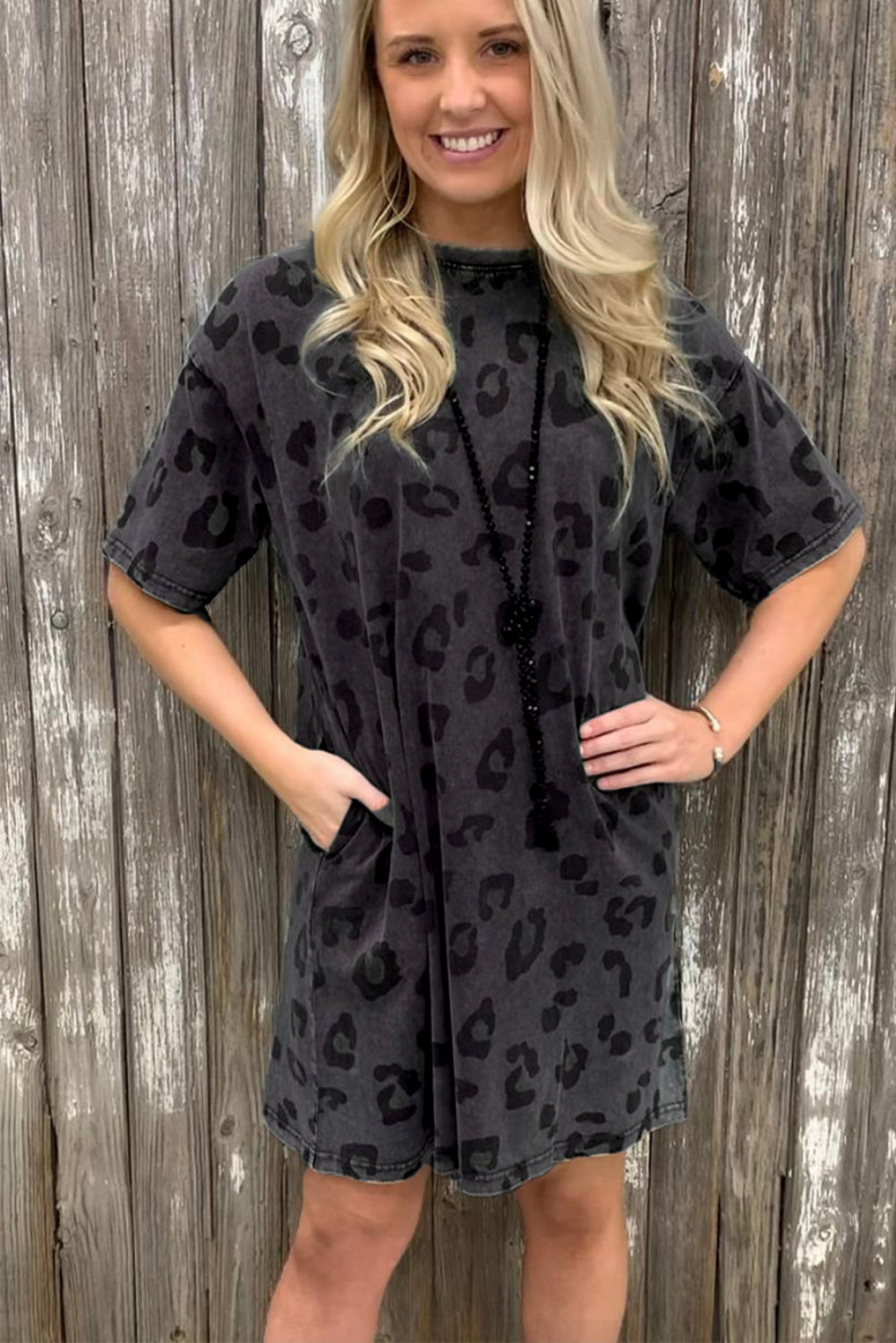 Vintage Gray Washed Leopard Print T-Shirt Dress with Handy Side Pockets