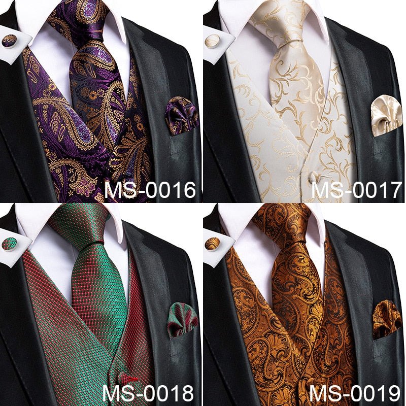 Hi-Tie Men's 4-Piece Luxury Silk Vest, Tie, Handkerchief & Cufflinks Set