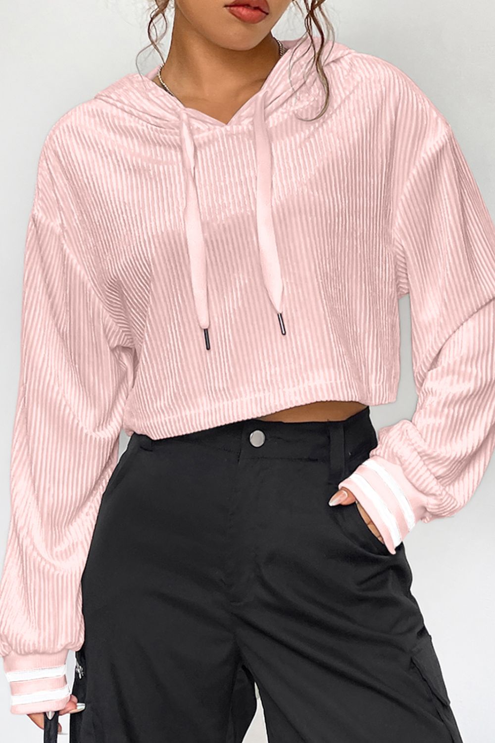 Opaque Drawstring Long Sleeve Drop Shoulder Hoodie