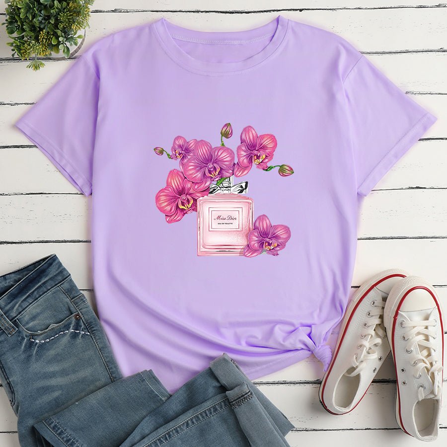 Casual Floral Print Loose Short-Sleeve Cotton Round-Neck T-Shirt