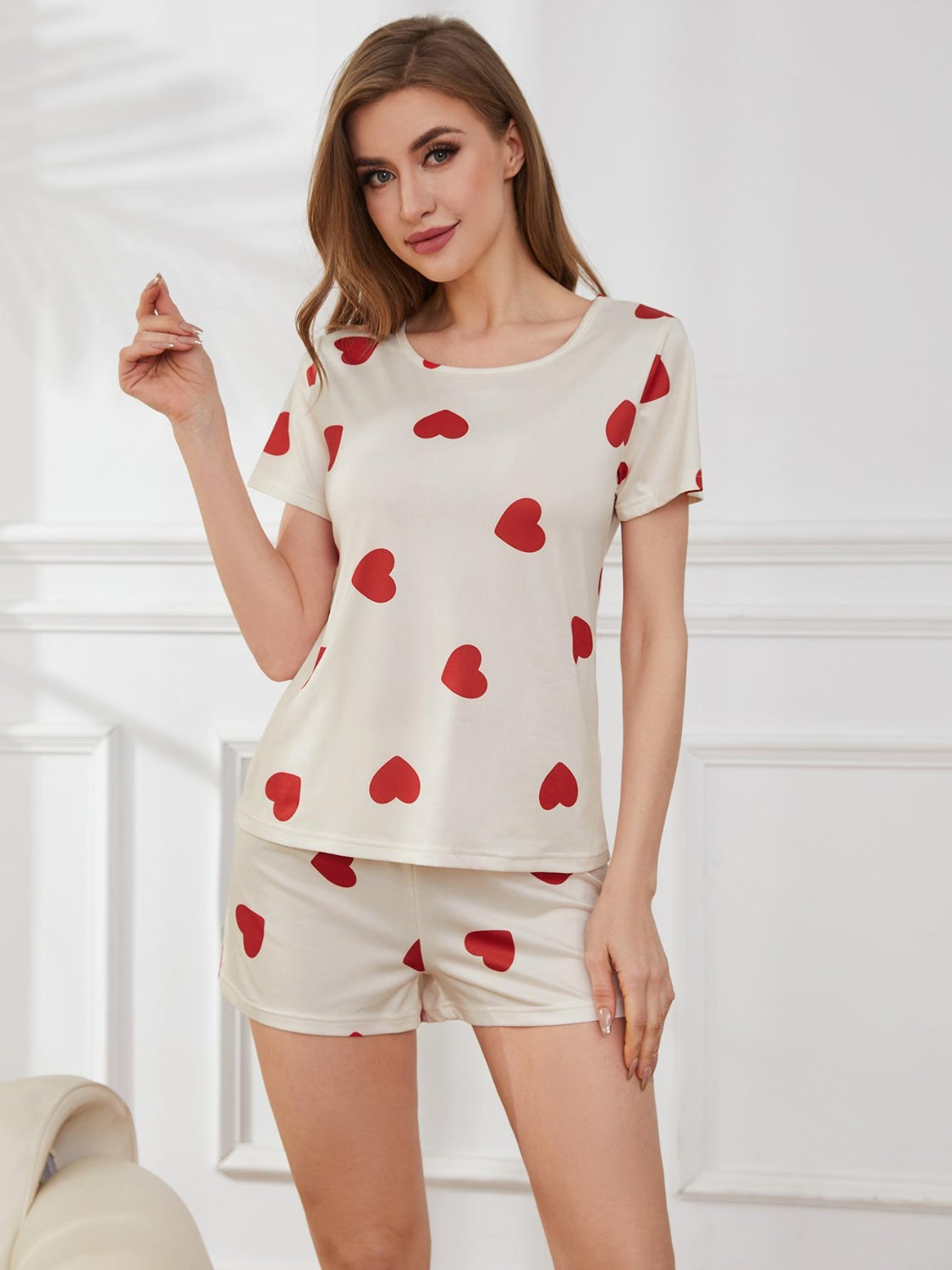 Comfy Heart - Shaped Round Neck Top and Shorts Lounge Set