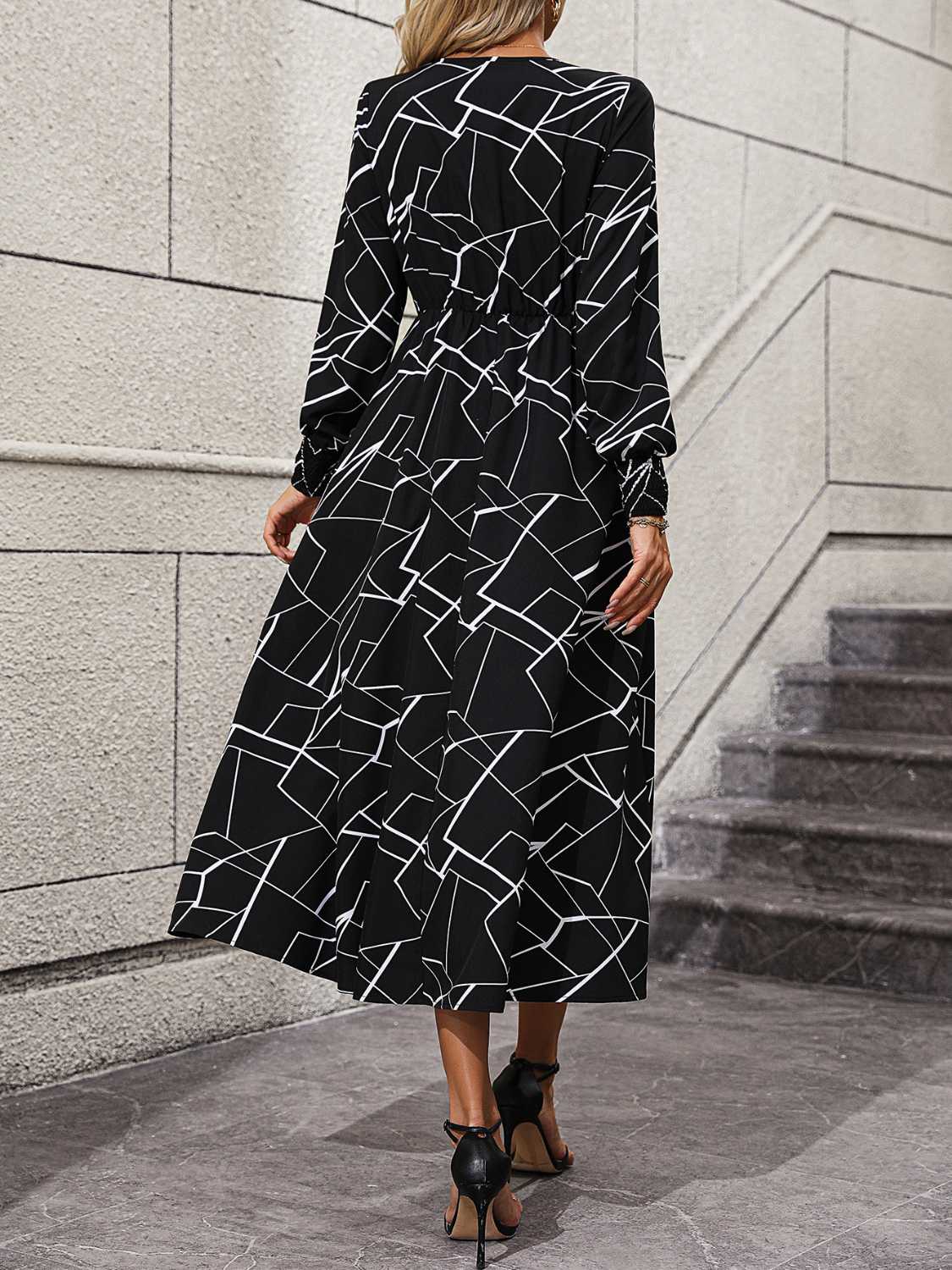 Stylish Geometric V - Neck Lantern - Sleeve Polyester Dress
