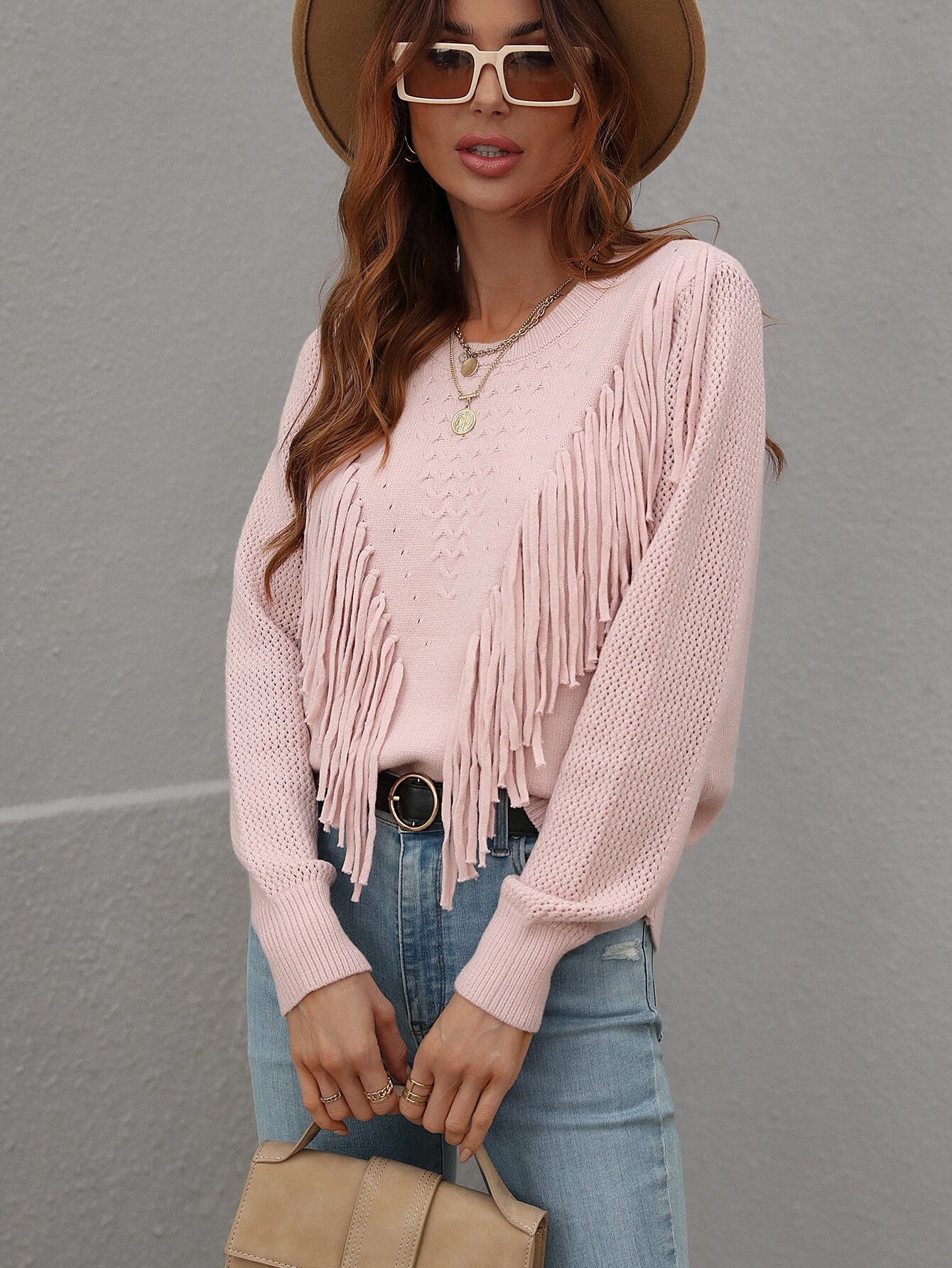 Casual Women's Fringe-Detailed Ribbed Trim Sweater for Regular Sizing