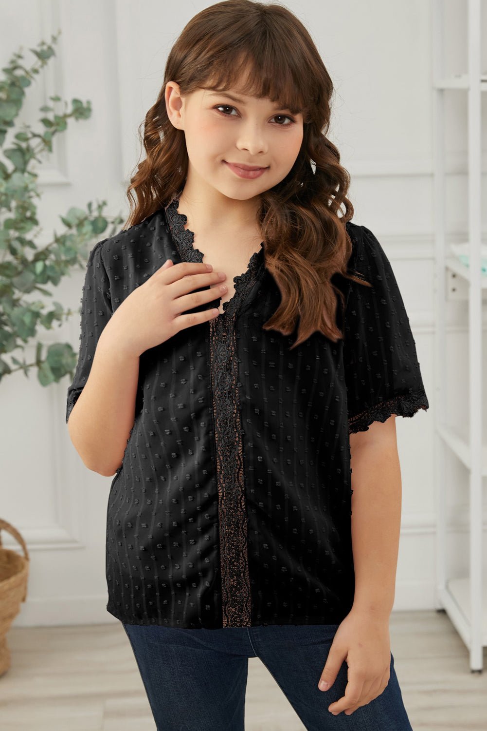 Summer Girls' Blouse with Swiss Dot and Spliced Lace for 4 - 13 Years Old