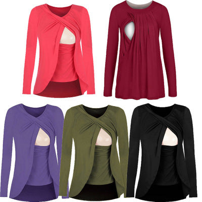 European Maternity Cotton Solid Color Round Neck Uncoverable Feeding Blouse for Pregnant Women - All-Match Leisure Shirt 8962