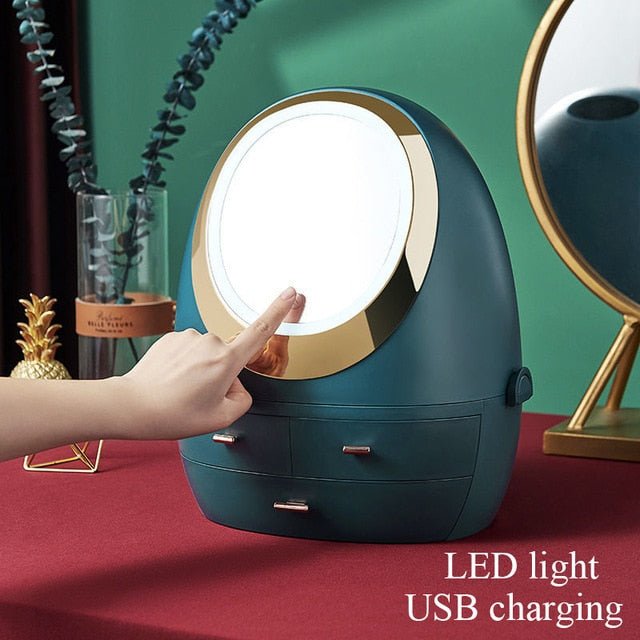 High-End Quality Makeup Storage Case with LED Lighting and Fan - A Modern Desktop Make Up Organizer Drawer for Skincare, Lipstick, and Cosmetics Beauty Box
