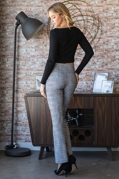 Heimish Full-Size Checkered Flare Trousers with a Wide Elastic Waistband, Suitable for Plus Sizes