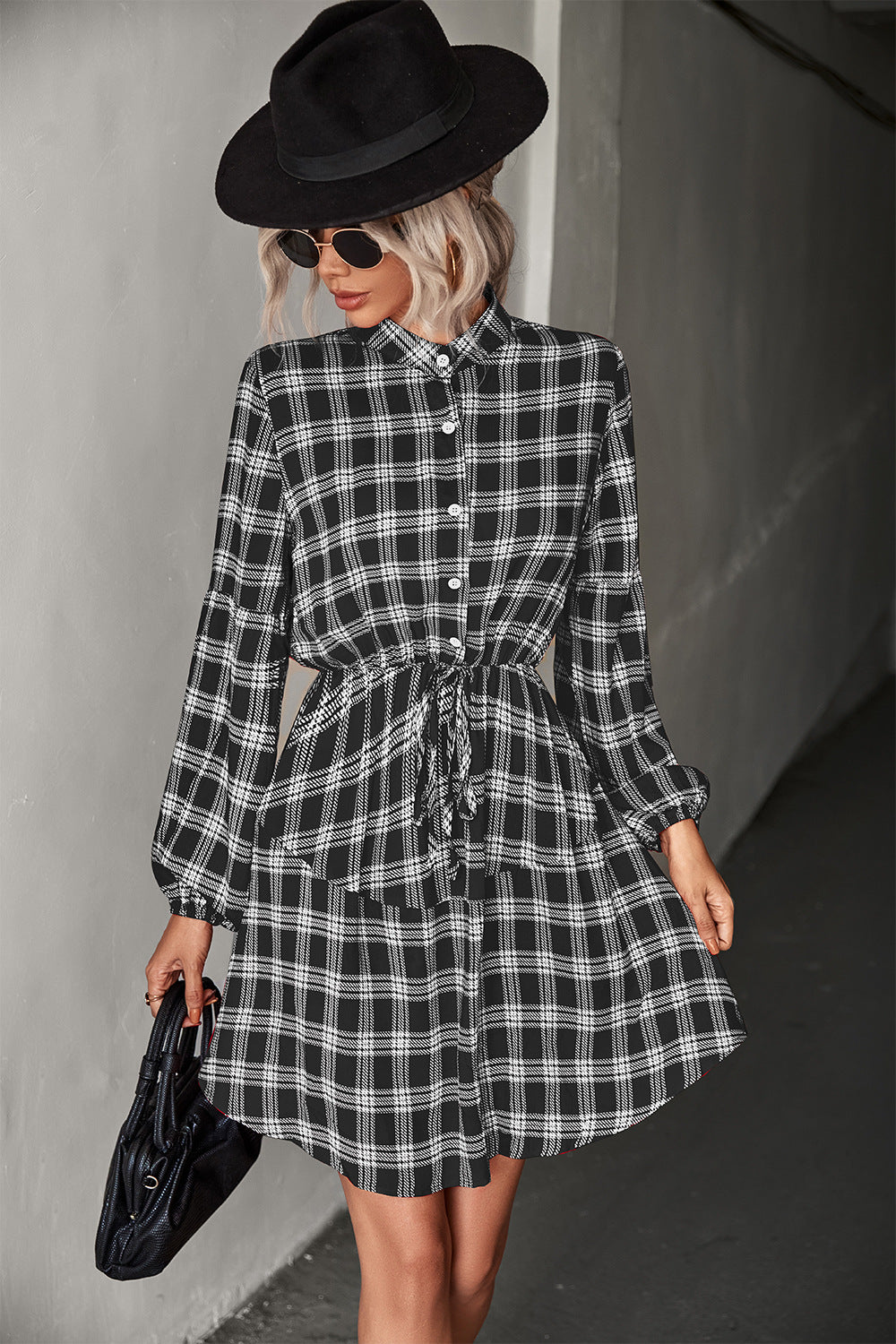 Stylish Plaid Band - Collar Drawstring Mini Shirt Dress for Casual Wear