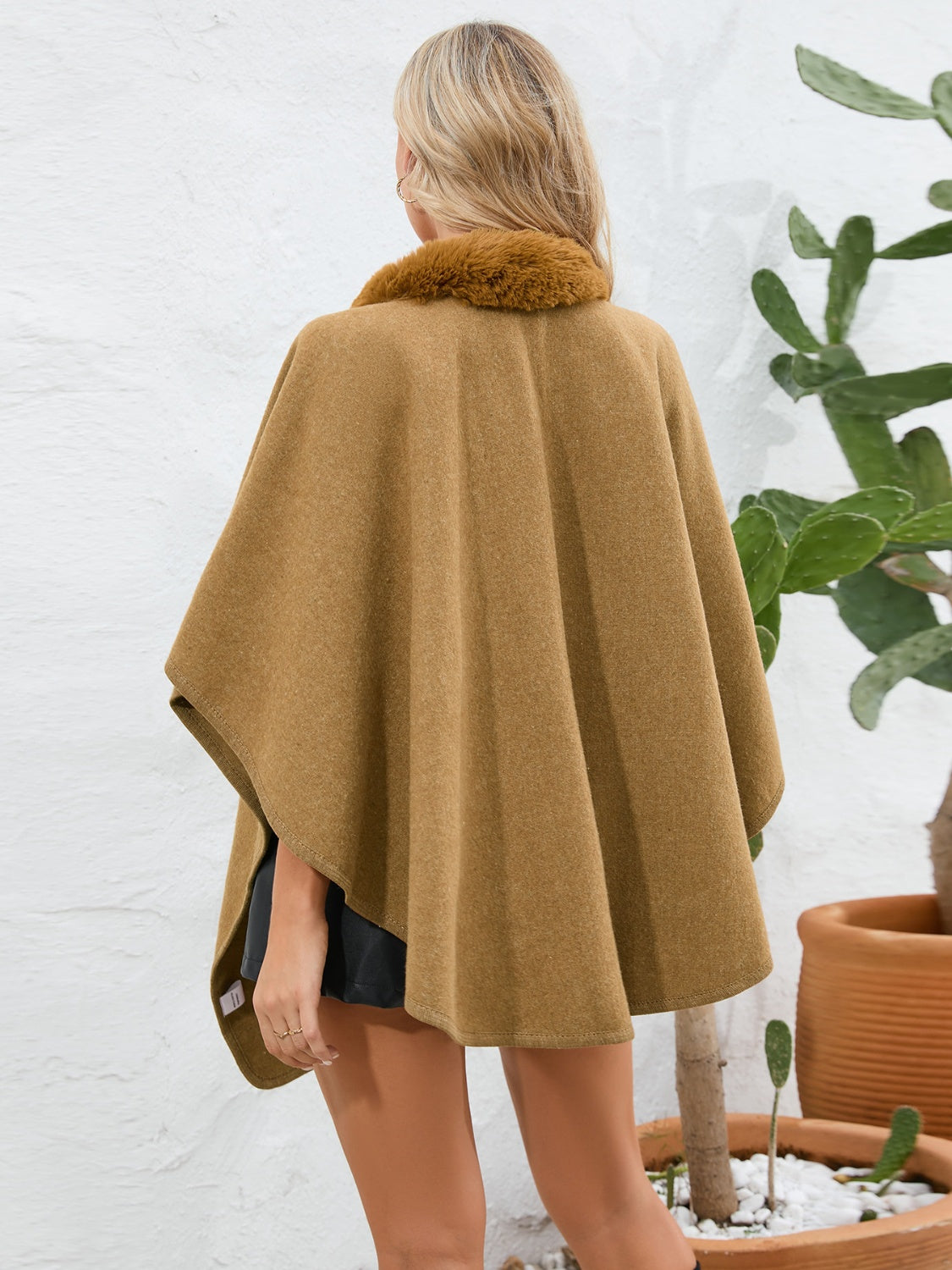 Soft and Fuzzy Trimmed Open Front Polyester Poncho for Casual Wear