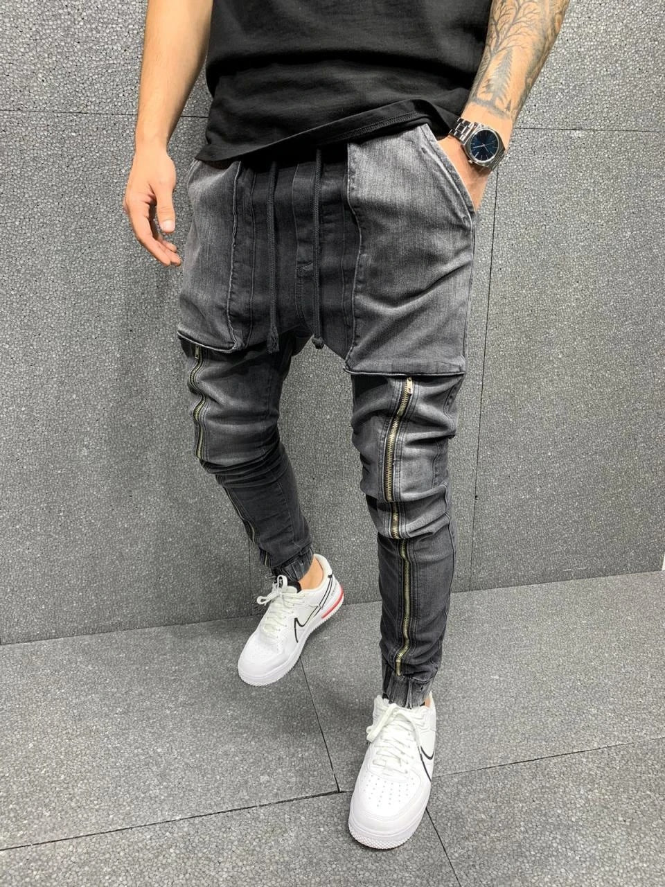 Stylish Hip - Hop Inspired Solid - Colored Cotton - Blended Washed Tapered Jeans Pants