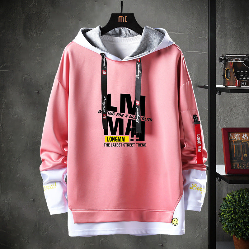 Men's Loose Fake Two - piece Polyester Mock Double Hooded Sweater