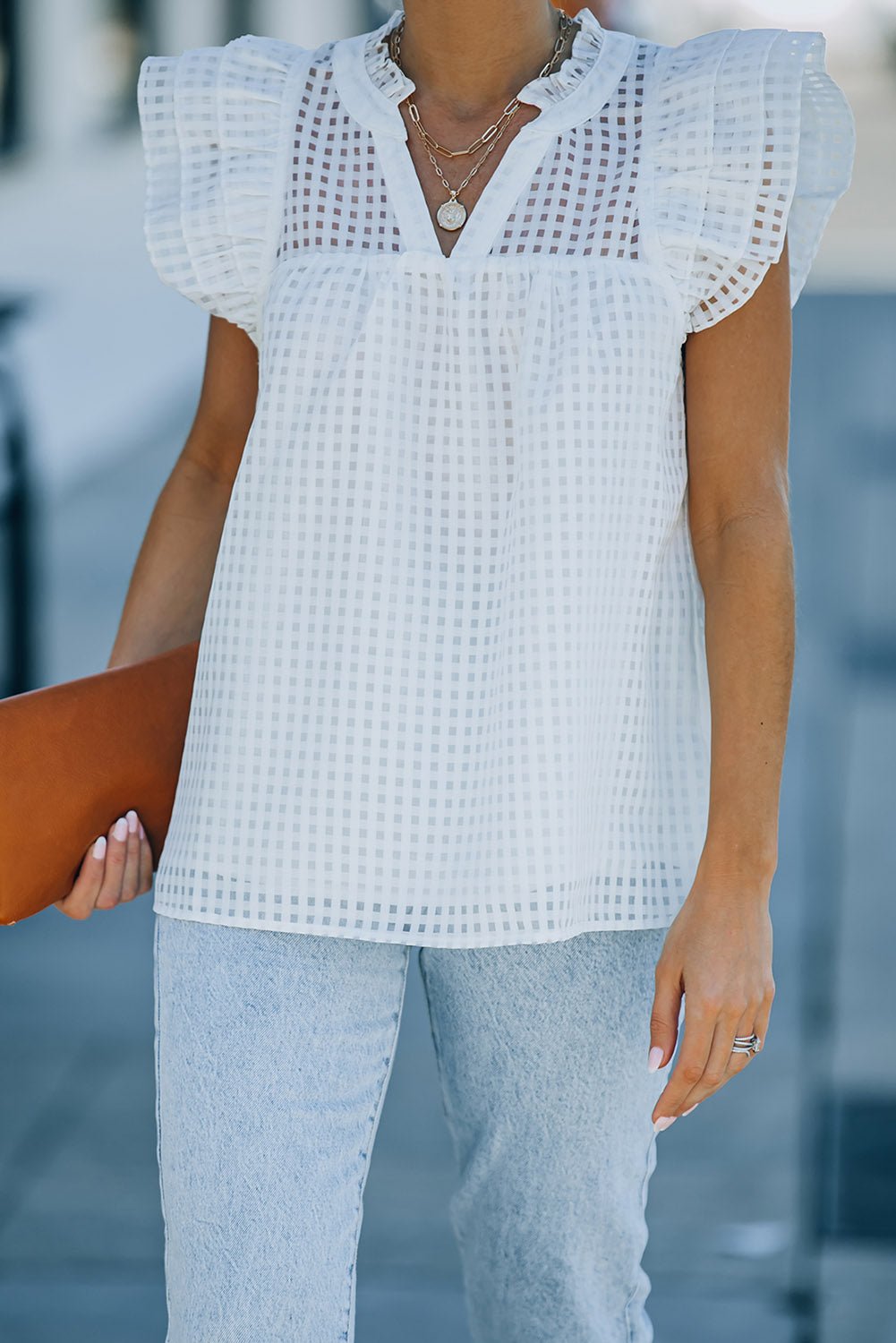 Chic Women's Grid V-Neck Ruffle Shoulder Frill Trimmed Blouse Top