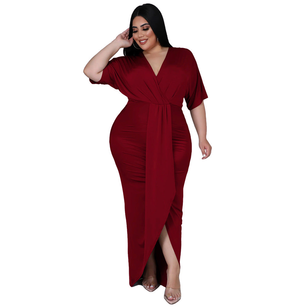 Plus Size Sexy V Neck Irregular Hem Milk Silk Dress for Women