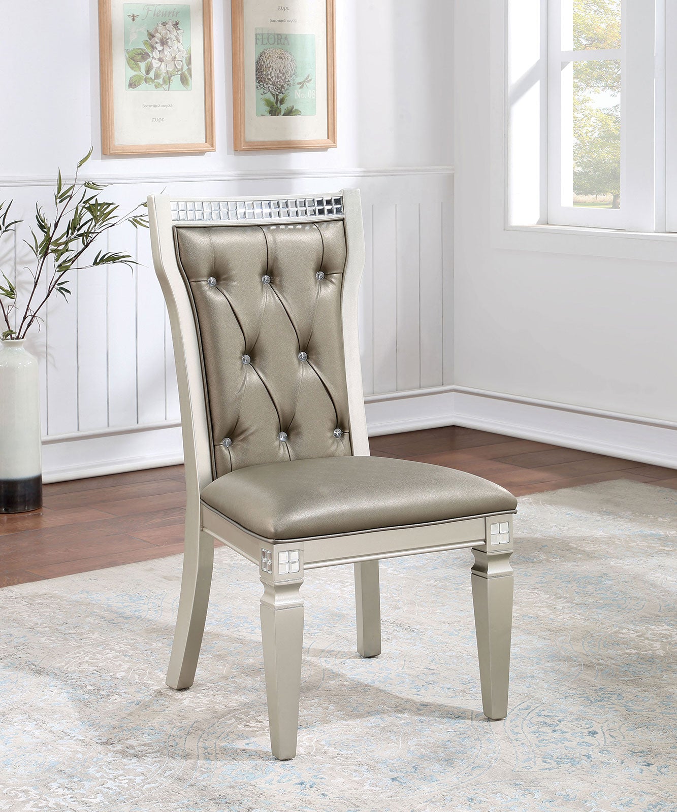 Formal and Elegant Traditional Set of Two Dining Side Chairs in Champagne and Warm Grey Colors with Solid Wood Frame, Leatherette Cushions, and Button Tufted Design for Kitchen and Dining Room Furniture