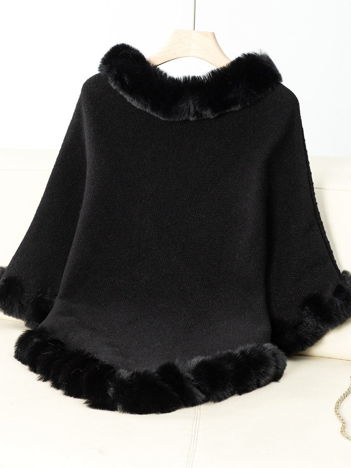 Fashionable Three-Quarter Sleeve Poncho with Fuzzy Trim Texture