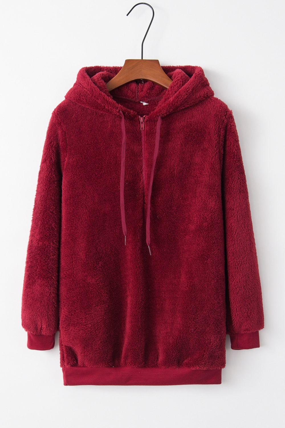 Full-Size Teddy Quarter-Zip Hoodie with Drawstring and Pocket