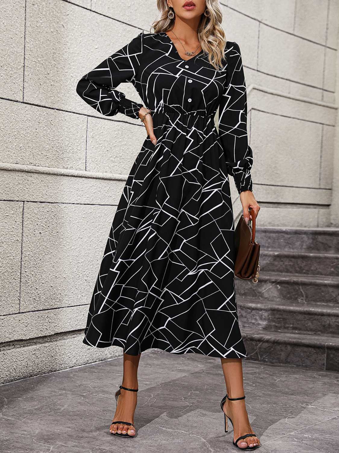 Stylish Geometric V - Neck Lantern - Sleeve Polyester Dress