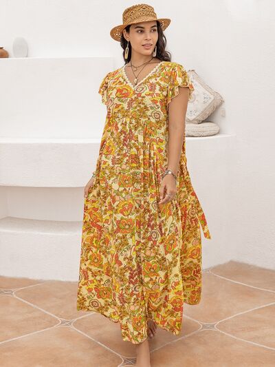 Plus Size V-Neck Printed Flutter Sleeve Tie-Waist Maxi Dress