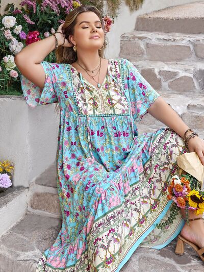Plus Size Women's Printed Tie Neck and Flutter Sleeve Floor-Length Maxi Dress