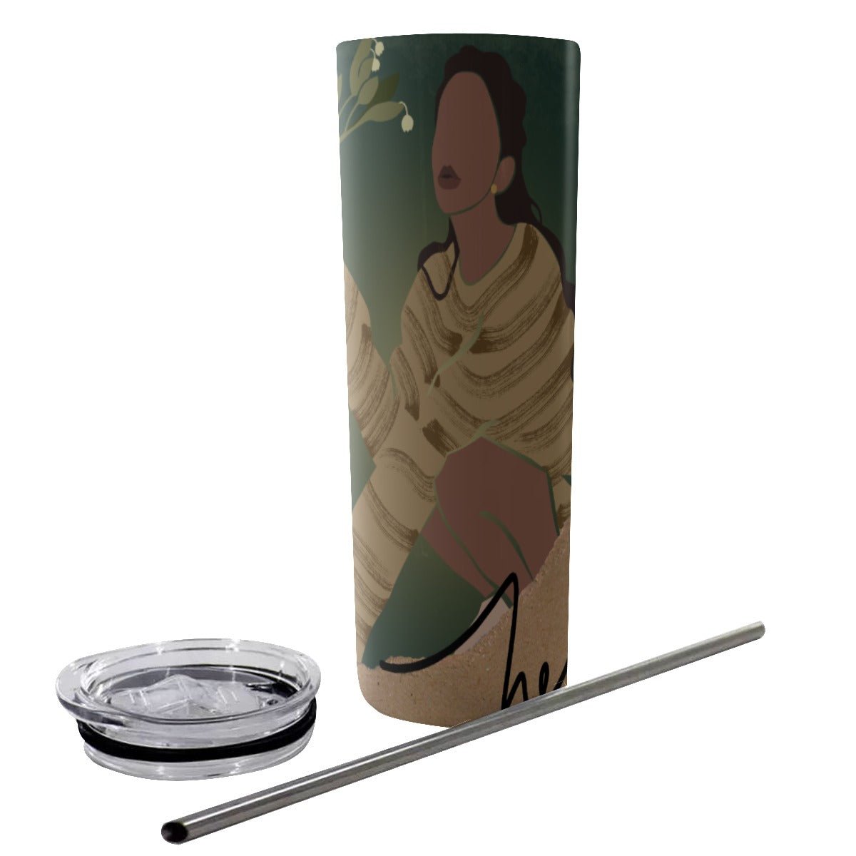 20oz Black Glitter Tumbler with Stainless Steel Straw for Women Featuring Flower Designs, Exuding Green, Grace, and Beauty (Designed by Dunbi)