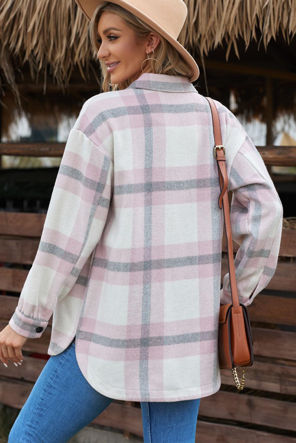 Casual Plaid Dropped Shoulder Pocket Buttoned Shacket for Everyday Wear