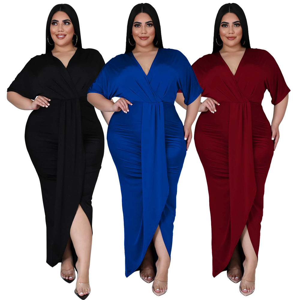 Plus Size Sexy V Neck Irregular Hem Milk Silk Dress for Women