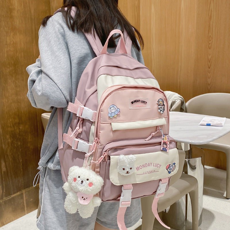 Stylish Fashionable Bear - Inspired Large - Volume Geometric Contrast - Colored School Backpack for Students