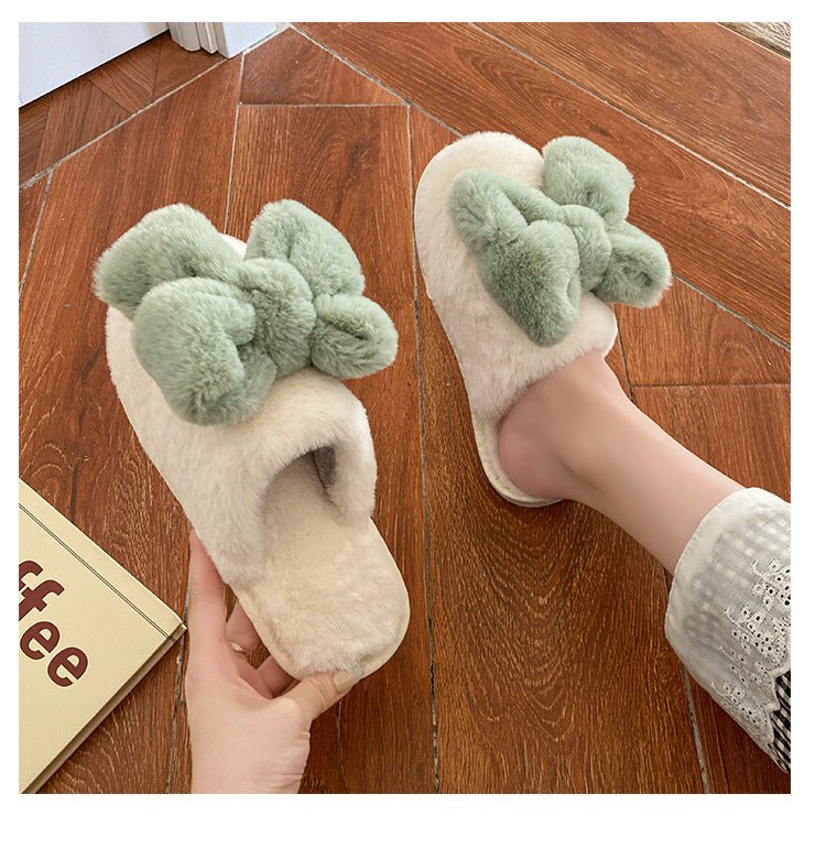 Adorable Plush Women's Slippers with a Top Bow for Winter