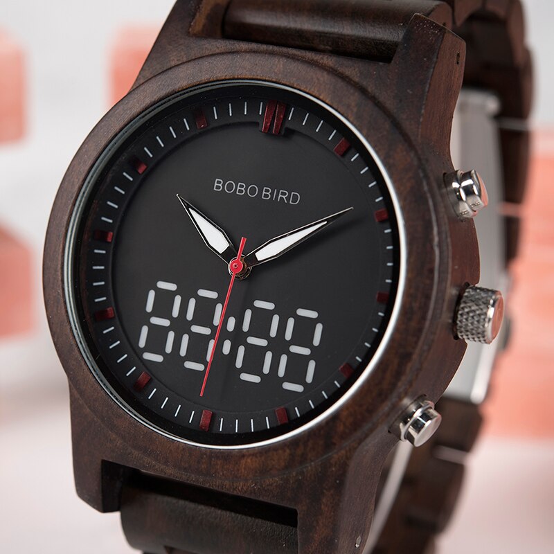 Men's Fashionable Dual Display Quartz Digital Wooden Wristwatch