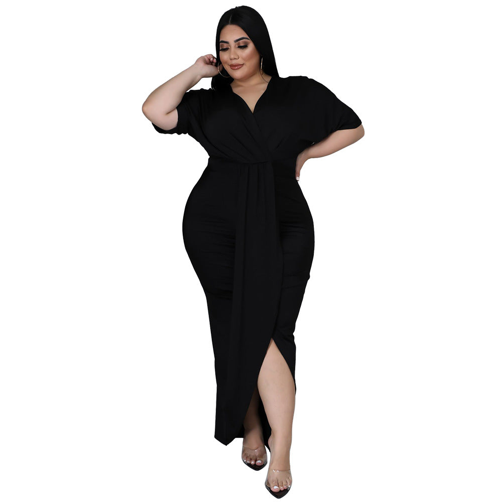 Plus Size Sexy V Neck Irregular Hem Milk Silk Dress for Women
