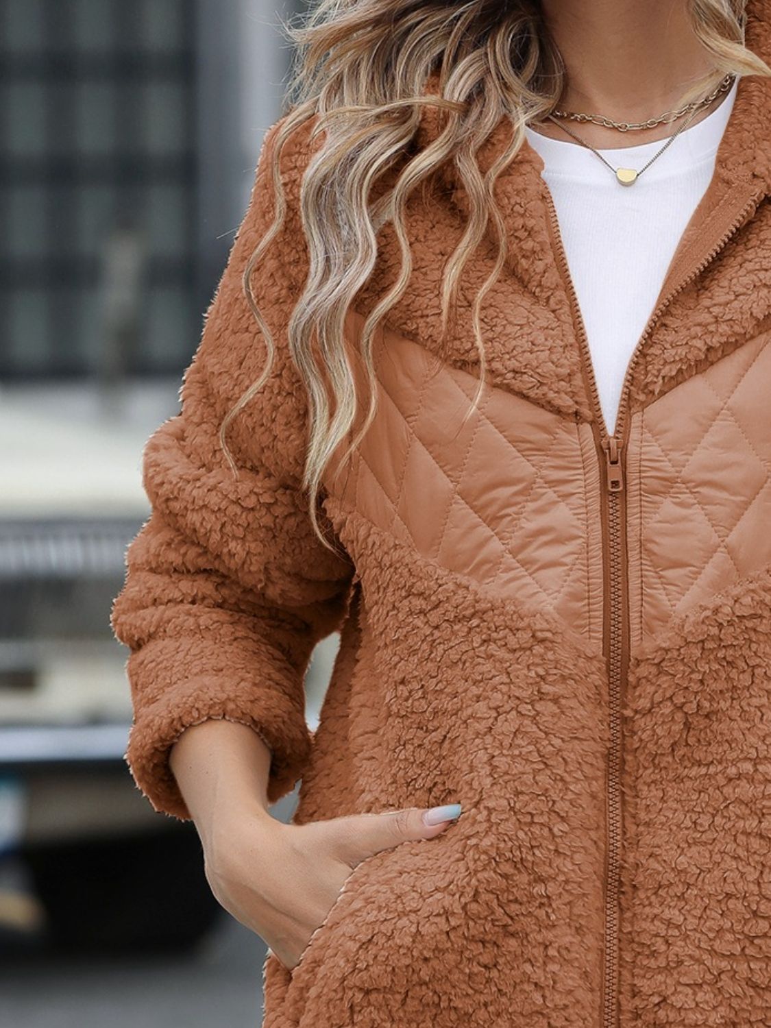 Soft Fuzzy Long Sleeve Zip - Up Hooded Polyester Jacket