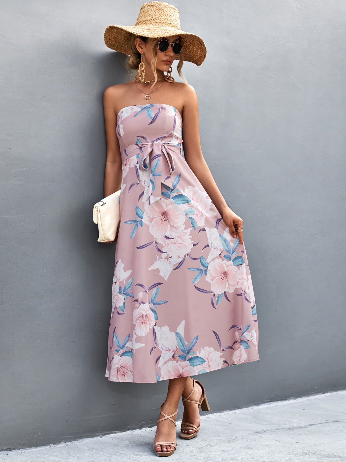 Chic Floral Patterned Tie-Waist Straight Neck Midi Sleeveless Dress