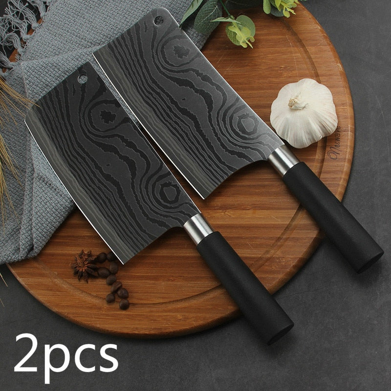 Premium Professional Damascus Laser Pattern Stainless Steel Chef Knife Set for Meat Chopping, Slicing, and Vegetable Cutting in the Kitchen