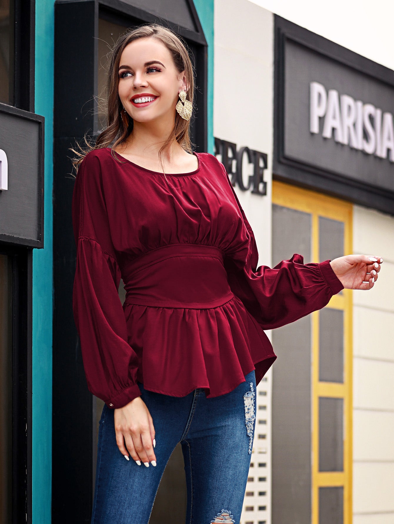 Long Sleeve Casual Round Neck Blouse with Exposed Seams and Dropped Shoulders