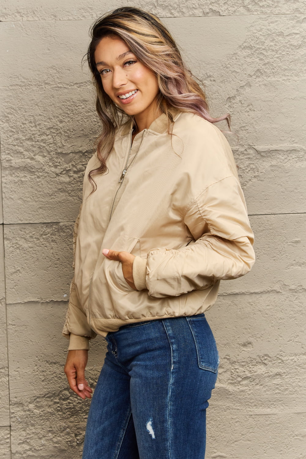 100% Polyester Casual Dropped Shoulder Zip-Up Jacket with Baseball Collar