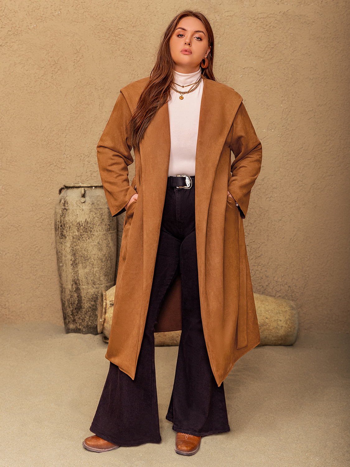 Plus Size Long Sleeve Hooded Tied Coat with Practical Pockets