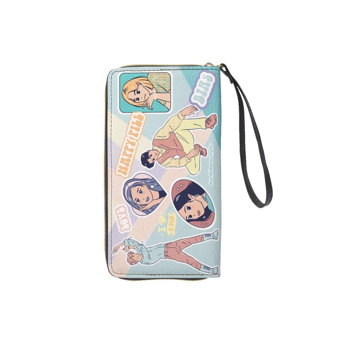 KPOP Inspired Long Black Hand Strap Wallet Designed by Dunbi - Ideal for BTS, Enhyphen, Ive, Aespa Fans with Pastel, Bias, Happy Pill, Love and Idol - Themed Elements