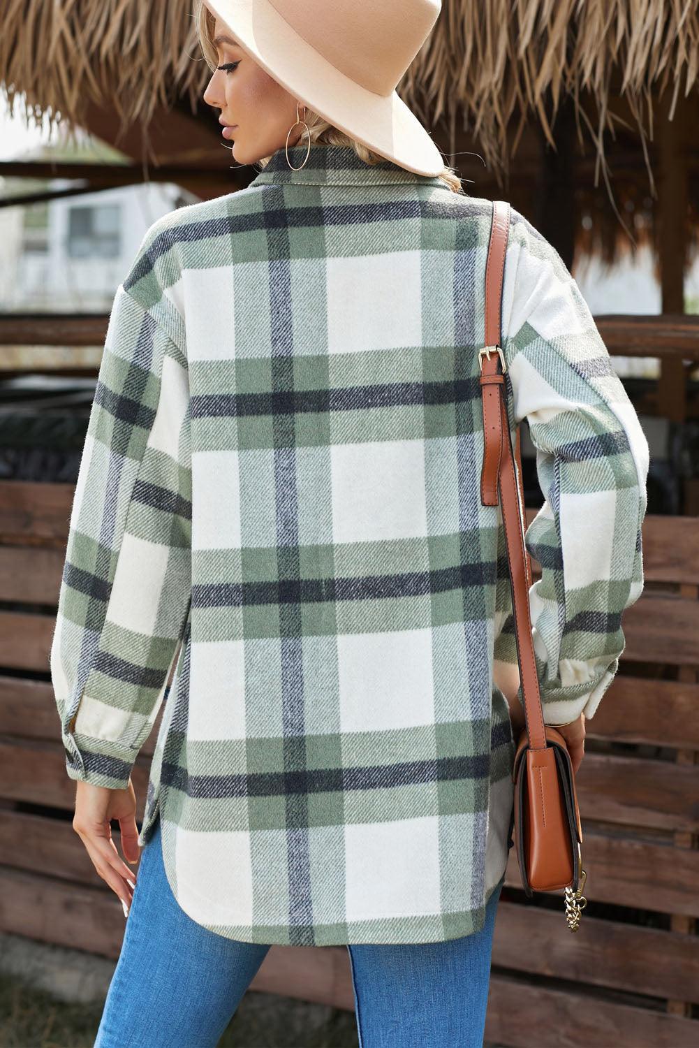 Casual Plaid Dropped Shoulder Pocket Buttoned Shacket for Everyday Wear
