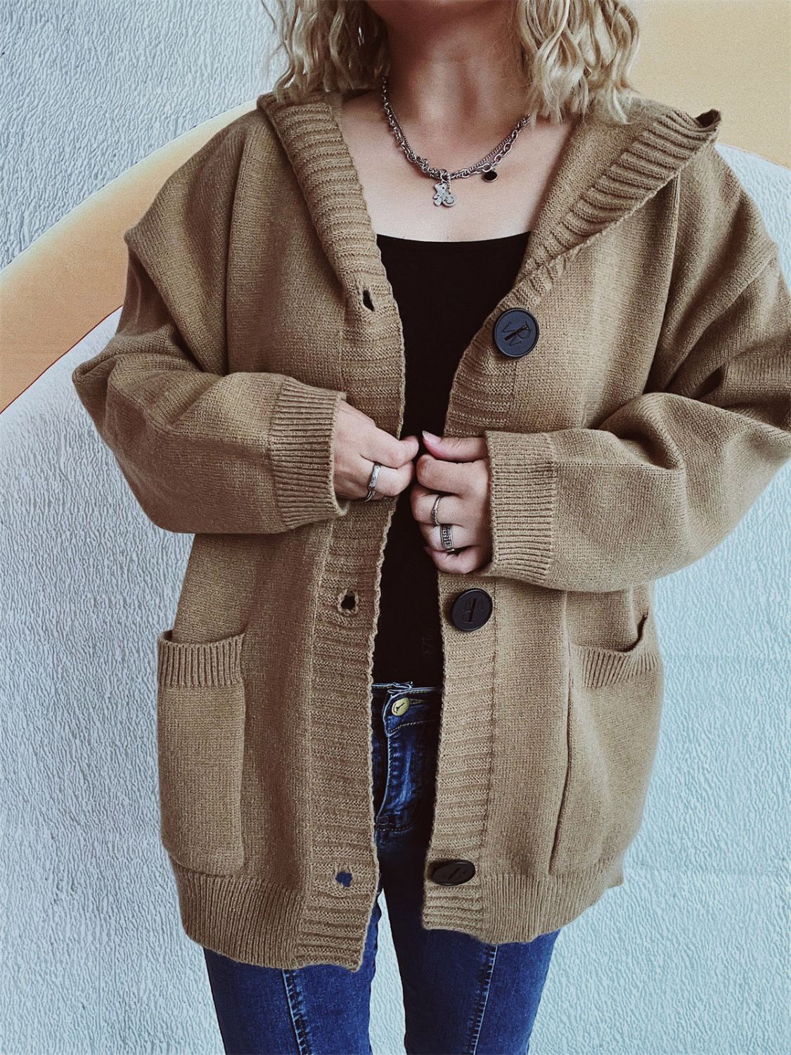 Casual Dropped Shoulder Long Sleeve Buttoned Pocketed Hooded Cardigan for Everyday Wear
