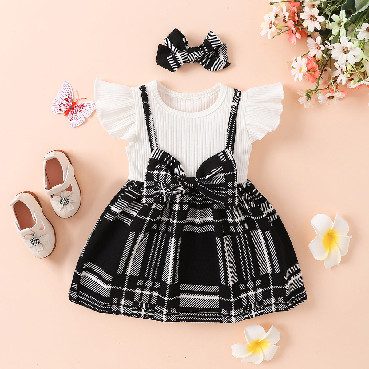 Casual Plaid Pattern Print Dress with Bow Detail for Infants and Toddlers